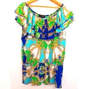 International INC Company Blouse White Blue Green Gold  Ruffled NeckWaist…